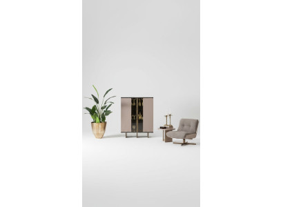 Bar cabinet group, display cabinet, armchair, wood, beige cabinet, living room, 2-piece set