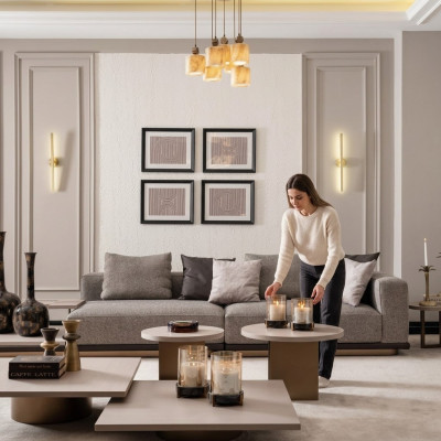 Living room set with four-seater sofa and five-piece coffee table set in gray