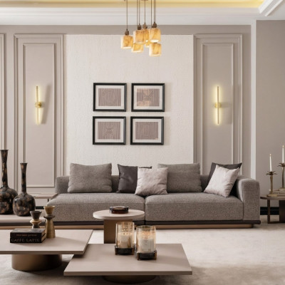 Living room set with four-seater sofa and five-piece coffee table set in gray