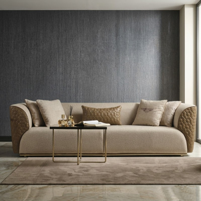 Modern three-seater sofa, three-seat upholstered sofa, fabric sofa, beige, stylish sofas.