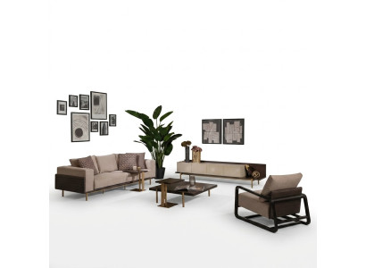 Complete living room sofa coffee tables 6-piece fabric sofa beige wood modern