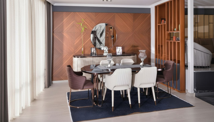 Dining room dining set dining nook luxury dining table chairs beige 9-piece set wood