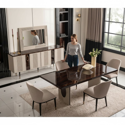 Dining nook Dining room Dining set Luxury dining table Chairs Beige wood Set 7-piece