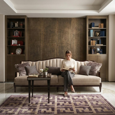 Four-seater sofa, 4-seater side table, complete gray wood fabric sofa
