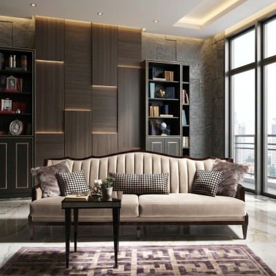 Fabric sofa, 4-seater sofa, gray upholstered sofa, four-seater, luxury wood design