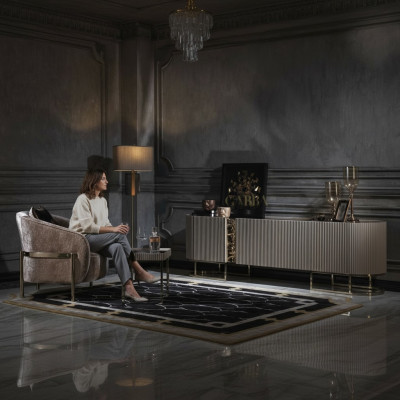 Group Armchair Living Room Side Table Beige Fabric TV Stand Set 3-piece