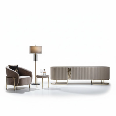 Group Armchair Living Room Side Table Beige Fabric TV Stand Set 3-piece