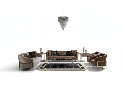 Large Suite Sofa Set Three-Seater Armchair Beige Fabric Tables 5-piece Set