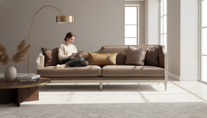 Four-seater sofa, 4-seater fabric sofa, brown upholstered sofa, sofas, living room.