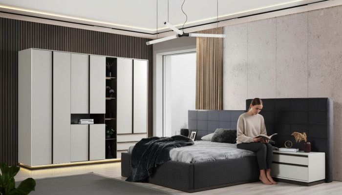 Set double bed bedroom bed nightstands 4-piece grey wardrobe