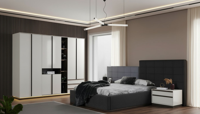 Set double bed bedroom bed nightstands 4-piece grey wardrobe