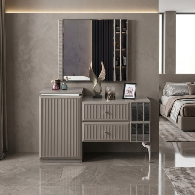 Dressing table, vanity table, console table, mirror, wood, gray, bedroom