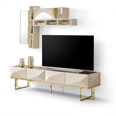 Sideboard RTV Lowboard Living Room Wall TV Stand Cupboard Wood Beige Shelves