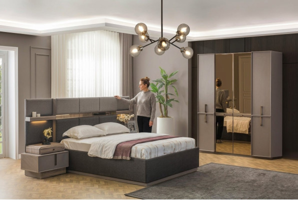 Double Bed Complete Bedroom Set 4-Piece Gray Nightstands Wardrobe