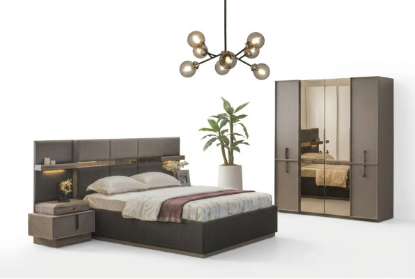Double Bed Complete Bedroom Set 4-Piece Gray Nightstands Wardrobe