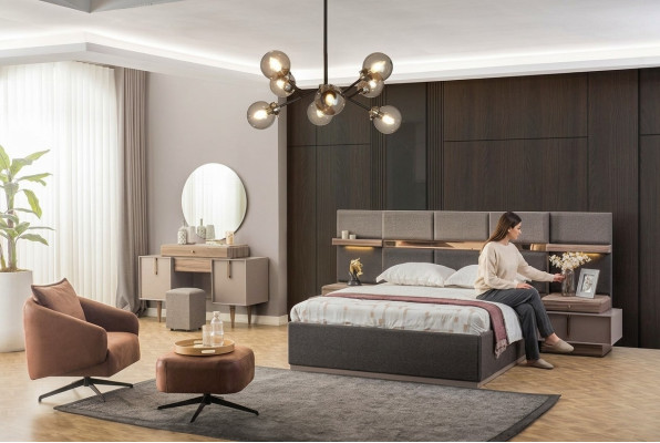 Bedroom complete double bed bedside tables console 6-piece set gray