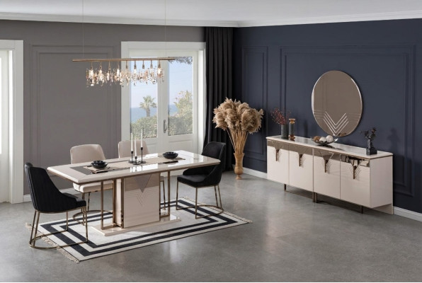 Dining set, dining room, dining table, chairs, 9-piece luxury white, sideboard