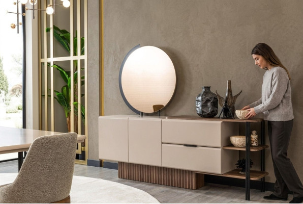Sideboard set with mirror beige wood cabinet cupboard wood design