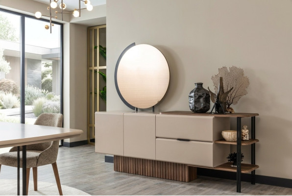 Sideboard set with mirror beige wood cabinet cupboard wood design