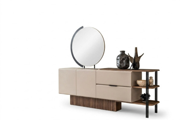 Sideboard set with mirror beige wood cabinet cupboard wood design