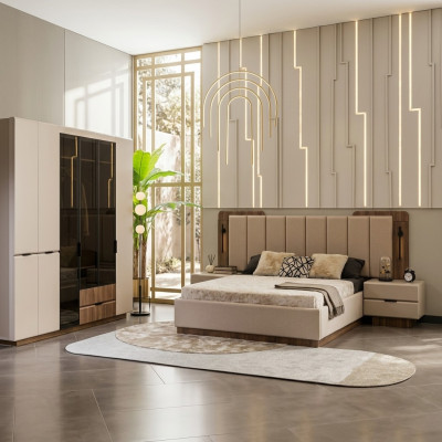 Luxury double bed set, bedroom nightstands, 4-piece, beige cabinet
