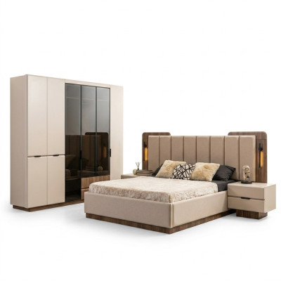 Luxury double bed set, bedroom nightstands, 4-piece, beige cabinet