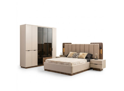 Luxury double bed set, bedroom nightstands, 4-piece, beige cabinet