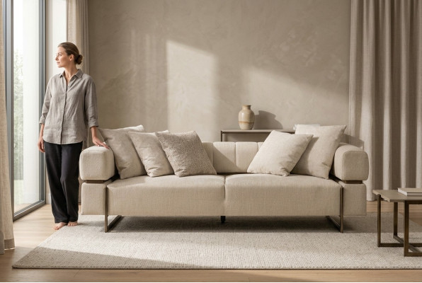 Beige three-seater designer fabric sofa upholstered furniture luxurious 3-seater