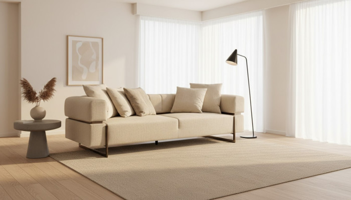 Beige three-seater designer fabric sofa upholstered furniture luxurious 3-seater