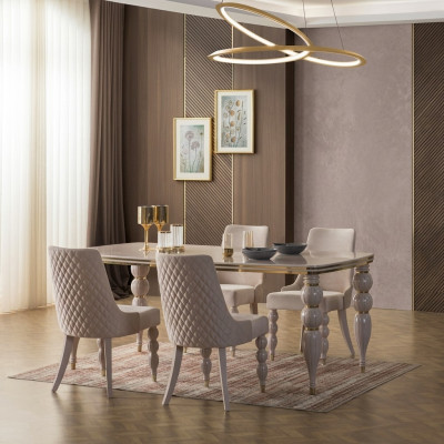 Dark Beige Dining Group Designer Wood Dining Table x6 Chairs 7-Piece Luxury Set