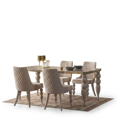 Dark Beige Dining Group Designer Wood Dining Table x6 Chairs 7-Piece Luxury Set
