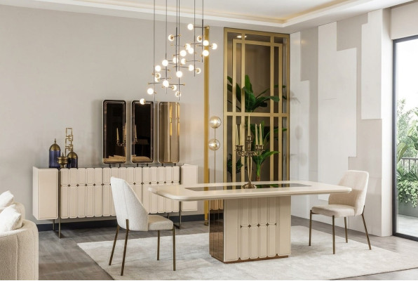 White Noble Dining Room Set Designer Stainless Steel Table Luxurious x6 Chairs