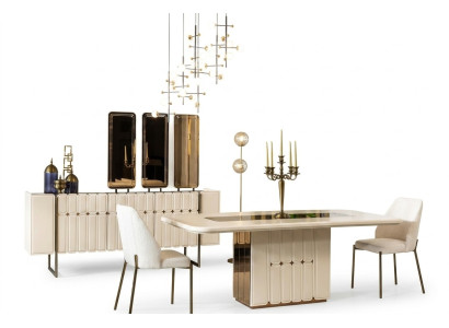 White Noble Dining Room Set Designer Stainless Steel Table Luxurious x6 Chairs