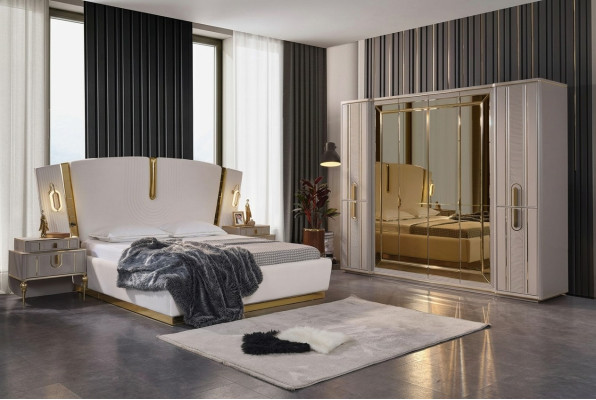 Double bed set Bedroom bed bedside tables 4 pcs Beige wardrobe