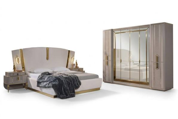 Double bed set Bedroom bed bedside tables 4 pcs Beige wardrobe