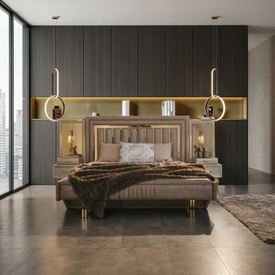 Complete bedroom furniture double bed bedside tables beige 3-piece set