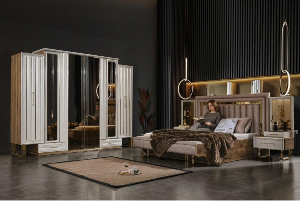 Complete bedroom furniture double bed bed nightstands beige 4-piece set