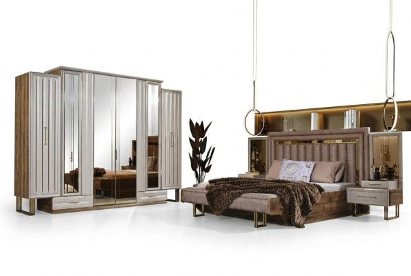 Complete bedroom furniture double bed bed nightstands beige 4-piece set