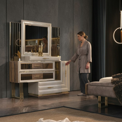 Vanity table, dressing table, makeup console, console table, beige, girl.