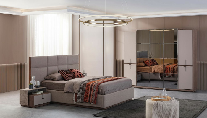 Complete bedroom double bed nightstands gray 4-piece wardrobe