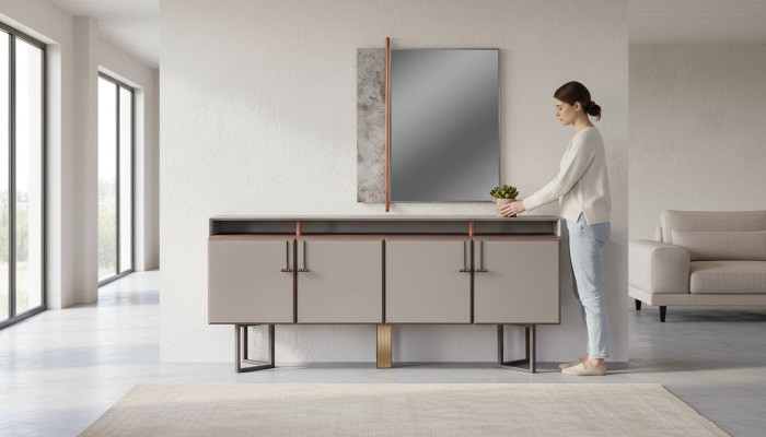 Sideboard set with mirror, sideboard, cabinet, wood, chest of drawers, gray