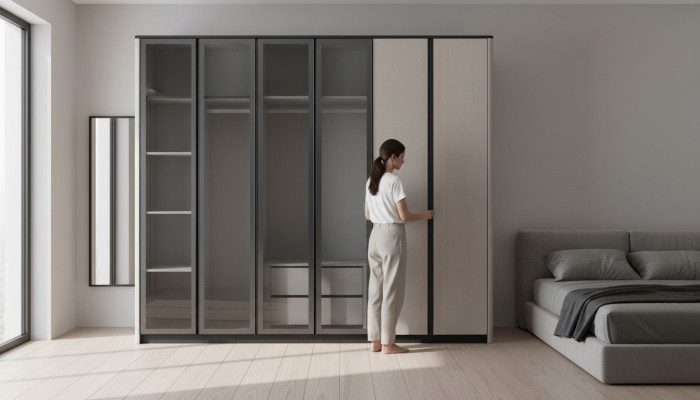 Wooden cabinet, wardrobe, closet, cloakroom cabinet, modern gray