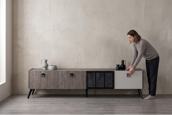 Sideboard Living Room TV Stand RTV Lowboard Cabinet Wood Gray Dresser