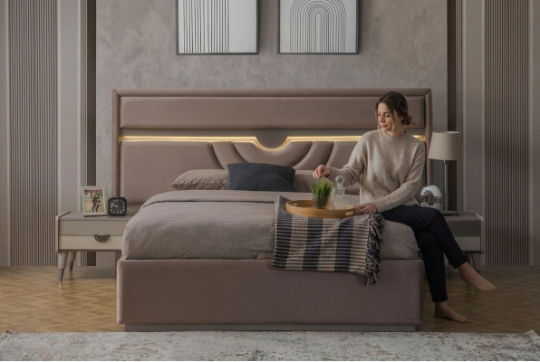 Double bed bedroom bed bedside tables beige 3-piece set bed box