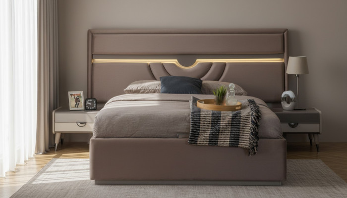 Double bed bedroom bed bedside tables beige 3-piece set bed box