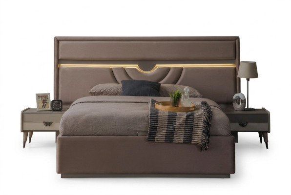 Double bed bedroom bed bedside tables beige 3-piece set bed box