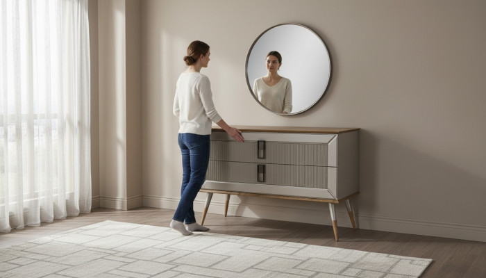 Brown Designer Dresser Elegant Round Mirror Luxury Vanity Set 2-piece