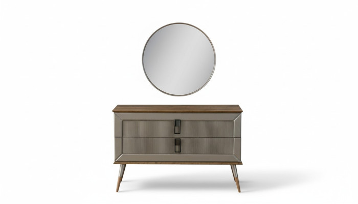 Brown Designer Dresser Elegant Round Mirror Luxury Vanity Set 2-piece
