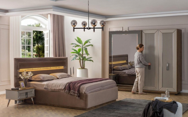 Beige Bedroom Set Modern Double Bed Glass Wardrobe 4-piece set