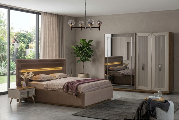 Beige Bedroom Set Modern Double Bed Glass Wardrobe 4-piece set